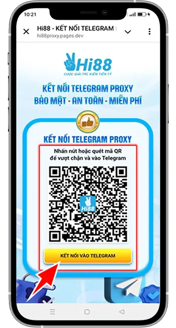 Bước 1: Truy cập đường link: https://hi88proxy.pages.dev/ Chọn "KẾT NỐI VÀO TELEGRAM"